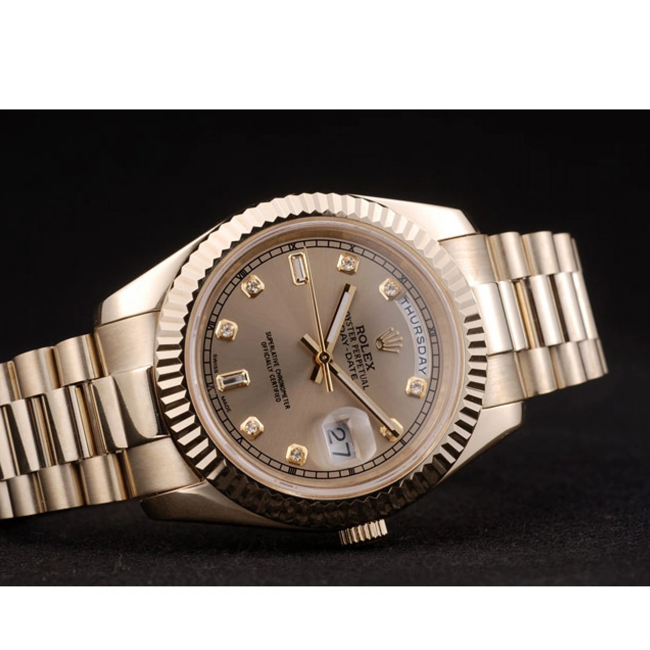 Aaa replica watch Swiss Gold Gold Ribbed DayDate Dial 41997 Rolex Stainless Steel Bezel 1028